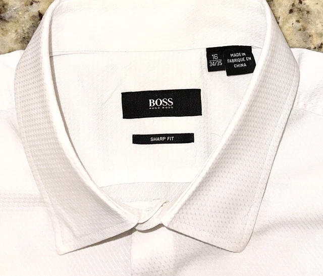 HUGO BOSS Men's White Sharp Fit Long Sleeve Designer Shirt Size 16 x 34/35.