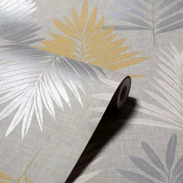 Arthouse Grey Ochre Yellow Stripe Palm Leaves Geometric Linen Effect Wallpaper