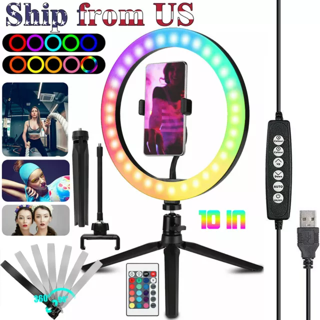 10" RGB Beauty Fill Light LED Ring w/Tripod Stand Dimmable Kit for Phone Stream