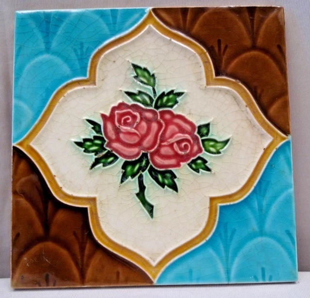 Majolica Tile Vintage Art Nouveau Ceramic Glazed Saji Japan Rare Collectible#462