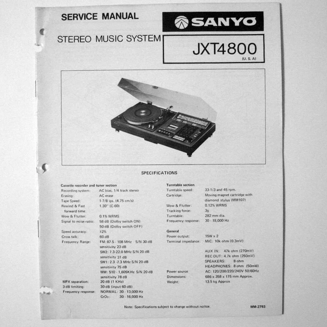 SANYO ® Model JXT4800 Stereo Music System - Service Manual © 1977 New Old Stock