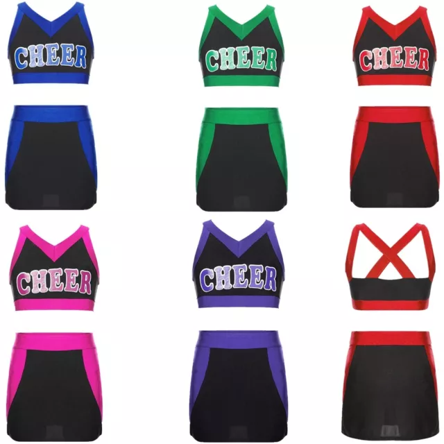 Kids Girls Uniform Dance Cheerleading Outfit Color Block Cheerleader Costume