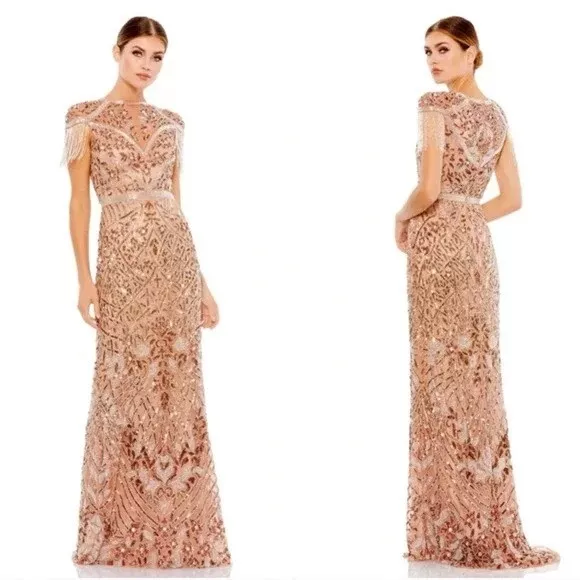 Mac Duggal Copper Beaded Fringe & Sequin Mesh Column Gown Size 6 $598