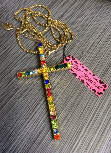 Betsey Johnson Crystal Multicolored Rhinestone Golden Cross Pendant Necklace NWT