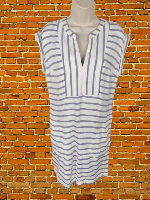 Womens Joules Uk 6 Blue Stripe Casual Linen Blend V Neck Tunic Shift Mini Dress