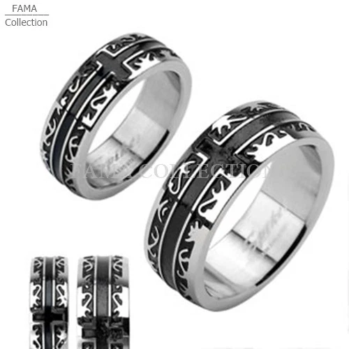 Unique FAMA Stainless Steel Black IP Tribal with a Cross Ring Band Size 5-14