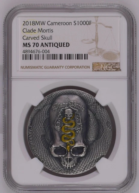NGC MS70 Cameroon 2018 Clade Mortis Carved Skull Silver Coin 1oz COA