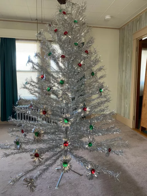 7' Vintage Aluminum Christmas Tree "Taper Tree"  w/ pom poms & box