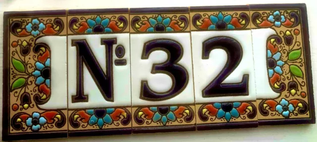 Spanish Hand Painted Number & Letter Ceramic Tiles 3''x1.5''  Blue Flower Design