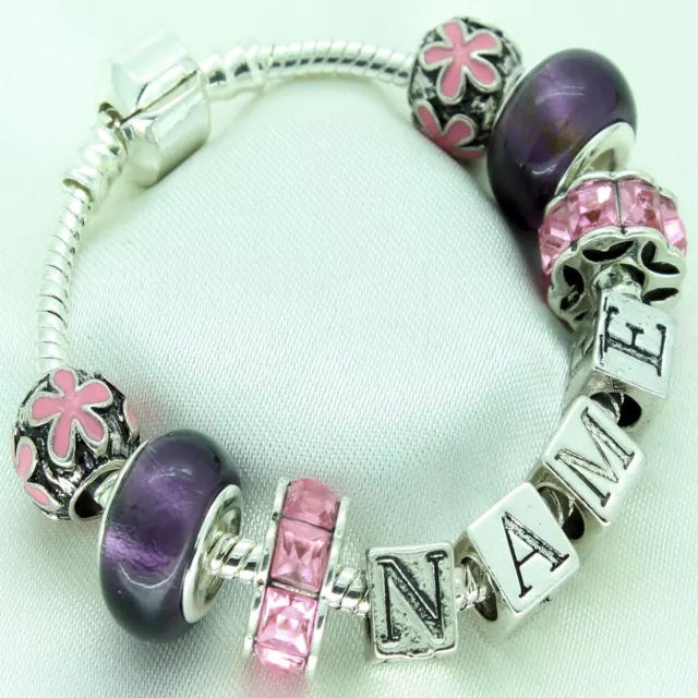 Girls Personalised Jewellery Purple Pink Charm Bracelet ANY NAME Birthday Gifts