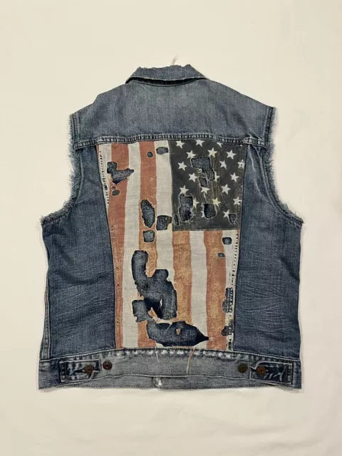 Ralph Lauren Denim Supply Blue Trucker Vest USA American Flag Distressed Mens M