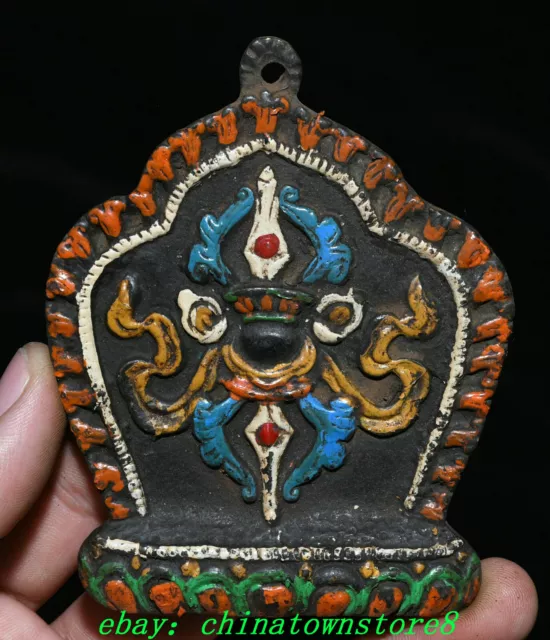 4" Old Tibetan Bronze Painting Feng Shui 8 Auspicious Symbol Amulet Pendant
