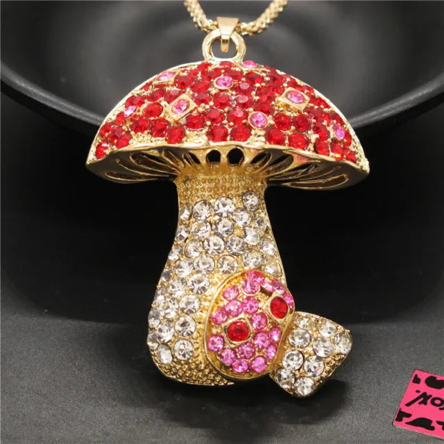 New Betsey Johnson Cute Red Mushroom Rhinestone Crystal Pendant Women Necklace