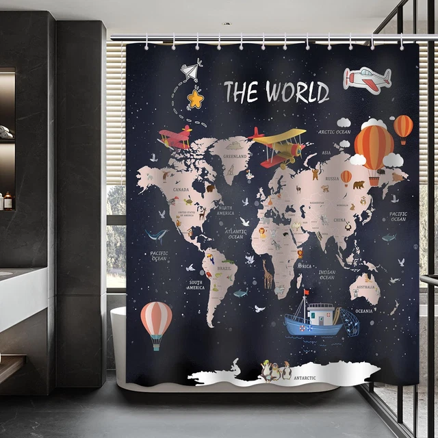 WORLD MAP SHOWER Curtain Countries Cities Shower Curtains Funny Kids ...
