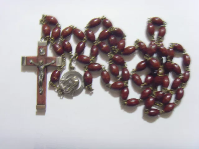 antique catholic Saint Mary nice rosary sacred heart crucifix wood beads 51342