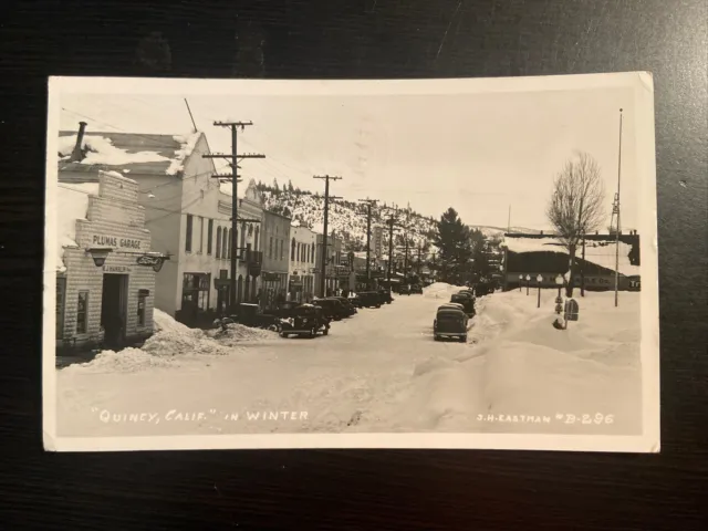 1947 Photo Postcard--CALIFORNIA--Quincy-Street Scene-Winter-Plumas Garage Lots2c