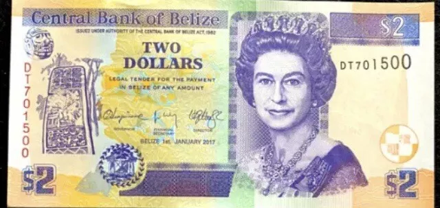 2017 series Belize 2 Dollars BZD Uncirculated Banknote. Queen Elizabeth II Note