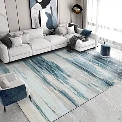 Large Area Rug Modern Abstract Blue Cream Grey Non-Slip Carpet 200 x 300cm