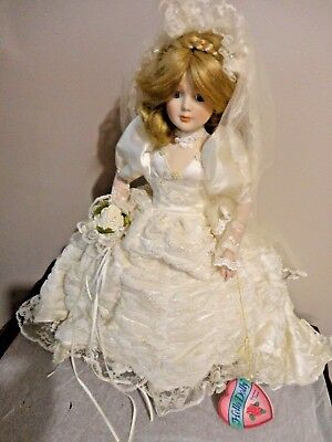 Vintage Hello Dolly 1988 Albert E Price Porcelain Bride Doll 20” Tall with Stand