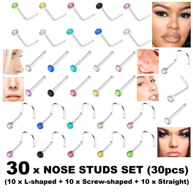 30 x Nose Studs Set I L Screw shape Surgical Steel Sterling Silver Ball End Stud