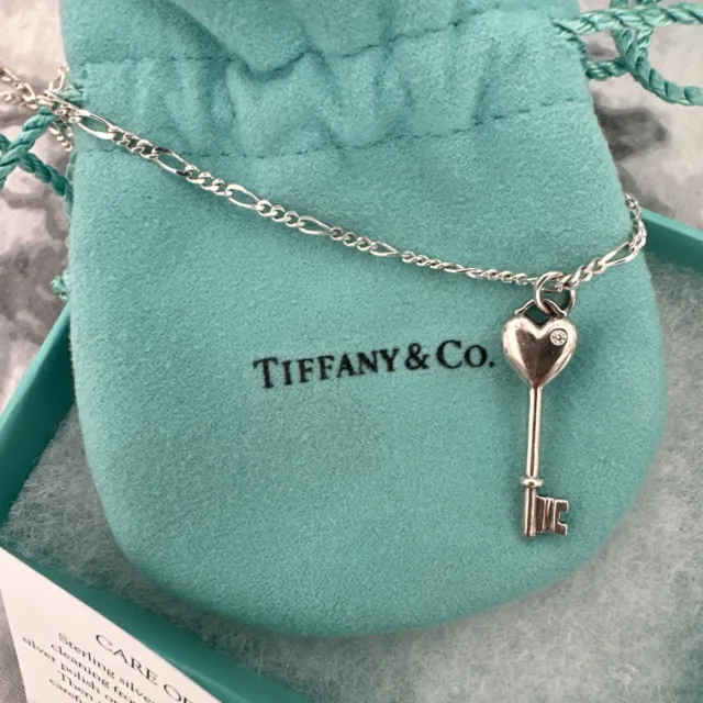 Tiffany & Co. Diamond Heart Key Pendant Sterling Silver with Box and Pouch