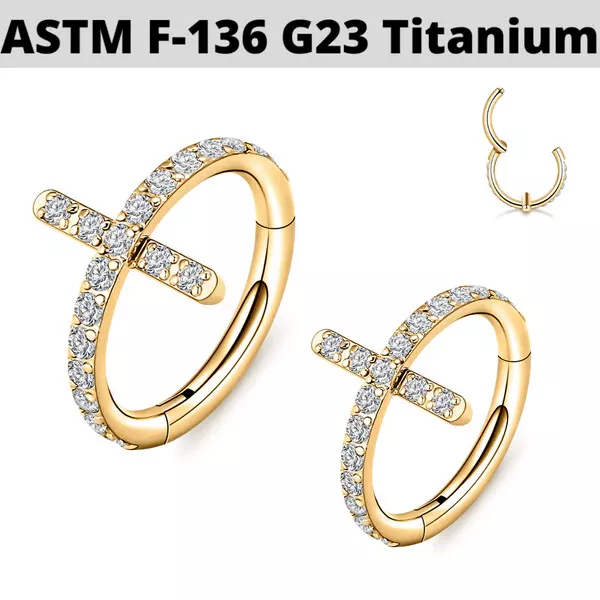 16G G23 Gold PVD Titanium Paved CZ Gem Nose Cross Hinged Segment Clicker Earring