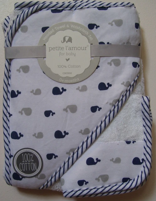 Boys Petite L'Amour White Blue Gray Whale Nautical Hooded Towel & Washcloth Set