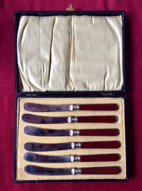 Antico coltello da burro 1917 set posate 6 pz, collare argento sterling, manico rosso, custodia