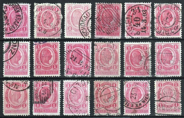 ÖSTERREICH MiNr. 81C, 1 Krone rot, Lot mit 18 Stück, gestempelt, Farben!!!