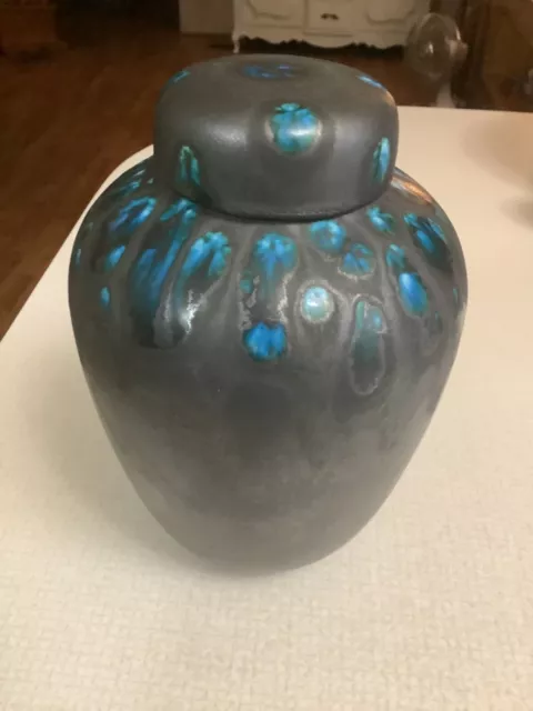 Very cool / retro 10” handmade Black with blue drip glaze Ceramic  Ginger jar