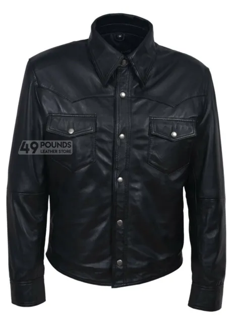 Men's Black Adjustable Collar Casual Retro Soft Real Leather Shirt Jacket M-114