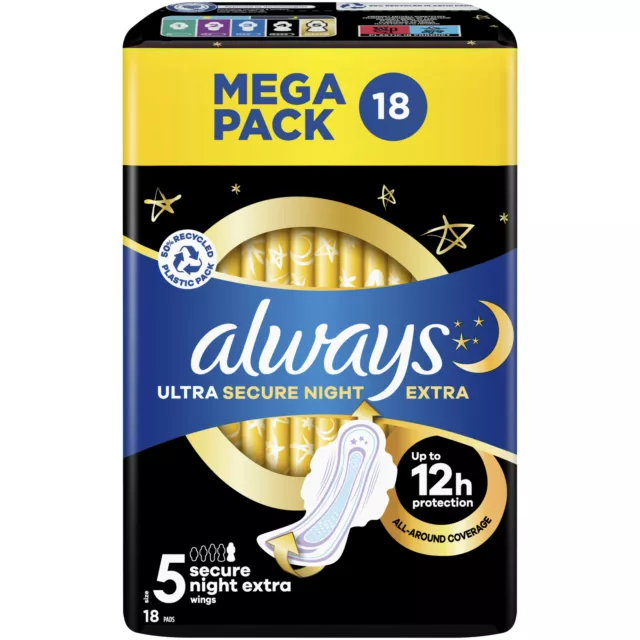 Always Ultra Sanitärhandtücher Secure Night Extra (Größe 5) Flügelpads - 18er-Pack