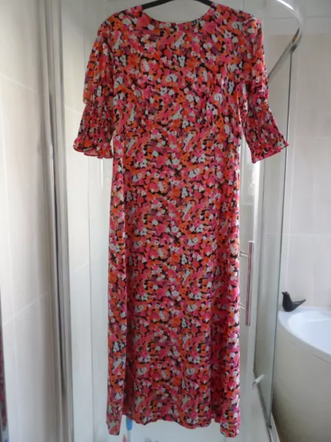 Bnwt M&S Nobody's Child Pink Floral Midi Dress -   Size 12 Short Shirred Sleeves