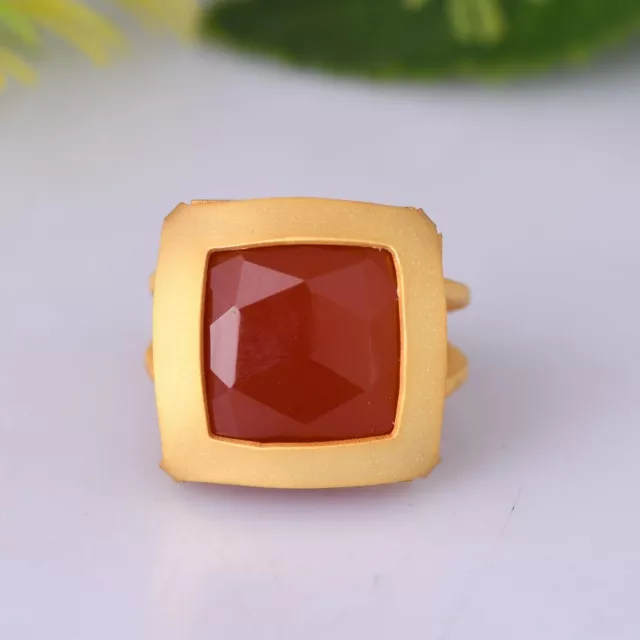 18k Gold Plated Cushion Cut Red Onyx Gemstone Ring Anniversary Gift For Her