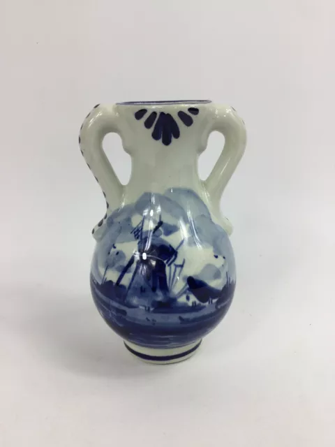 Vintage Delft Blue Dutch Vase Hand Painted Hand Numbered Windmill Design
