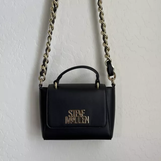 Steve Madden Belsa Black Faux Leather Handbag Crossbody Chain Link Strap Small