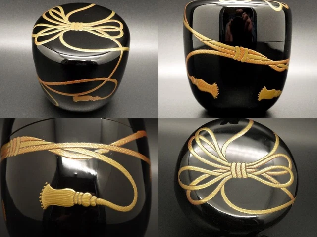 Japan Lacquer Wooden Tea caddy Decorative Cord makie Black Chu-Natsume (317)
