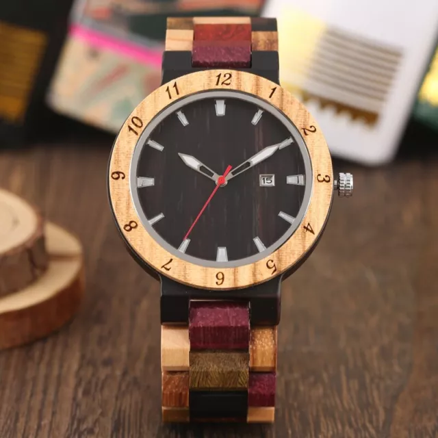 Colorful Wooden Watch for Men Quartz Analog Watches with Date Full Wood Bracelet