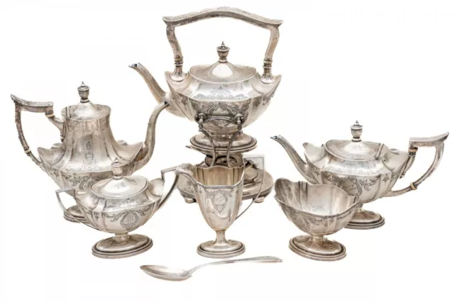 A Rare Set of Gorham Sterling Silver Antique Seven Piece Edwardian Tea Set