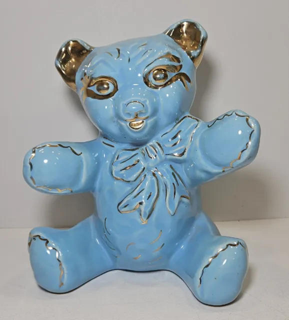 Vintage 1940s Pearl China Co Blue Teddy Bear and 22k Gold Piggy Bank USA Made