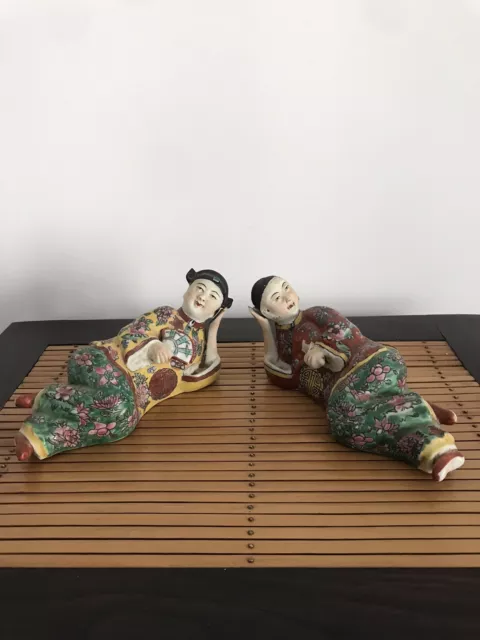 Couple Statuettes Fumeurs D’Opium Porcelaine De Chine