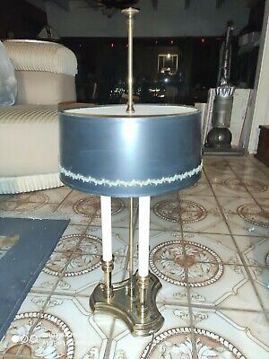 Stiffel Brass French Bouillotte 3 Candlesticks Table desk Lamp with Shade 28”