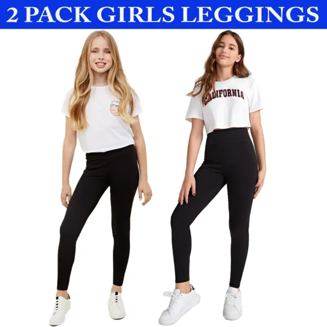 2 Pack Girls Black Leggings Kids Childrens School Cotton Full Length All Ages