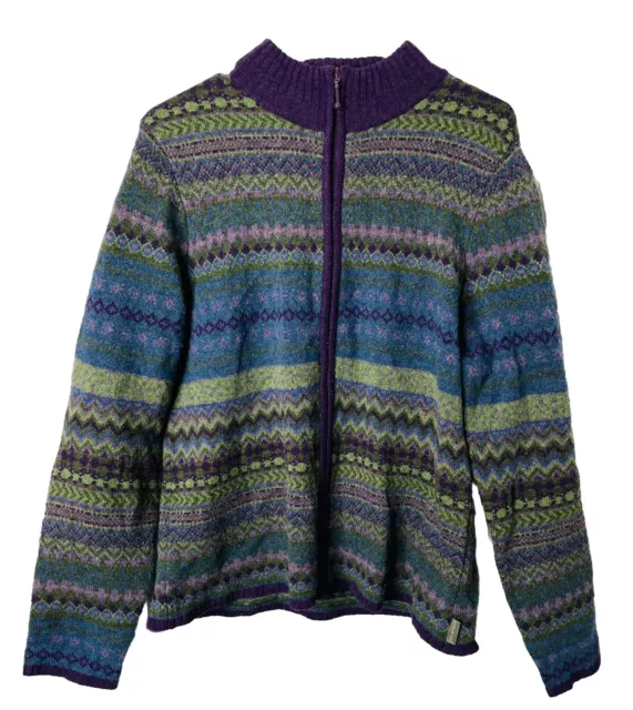 Woolrich Full Zip Cardigan Sweater Sz L Purple Blue Fair Isle Lambswool Womens