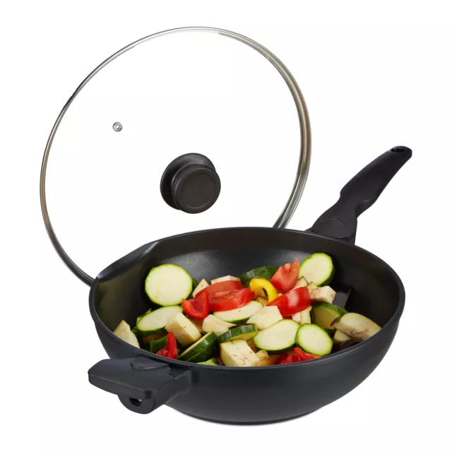 Sartén wok, Wok para vitrocerámica, Con tapa y mango, Aluminio, Grande, 30 cm