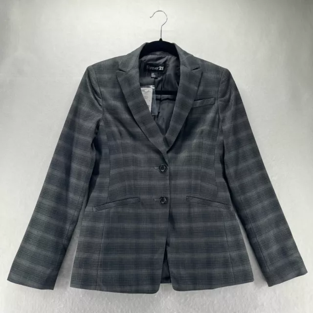 Forever 21 Blazer Womens S Plaid Peak Lapel Single Breasted Vented Charcoal Gray