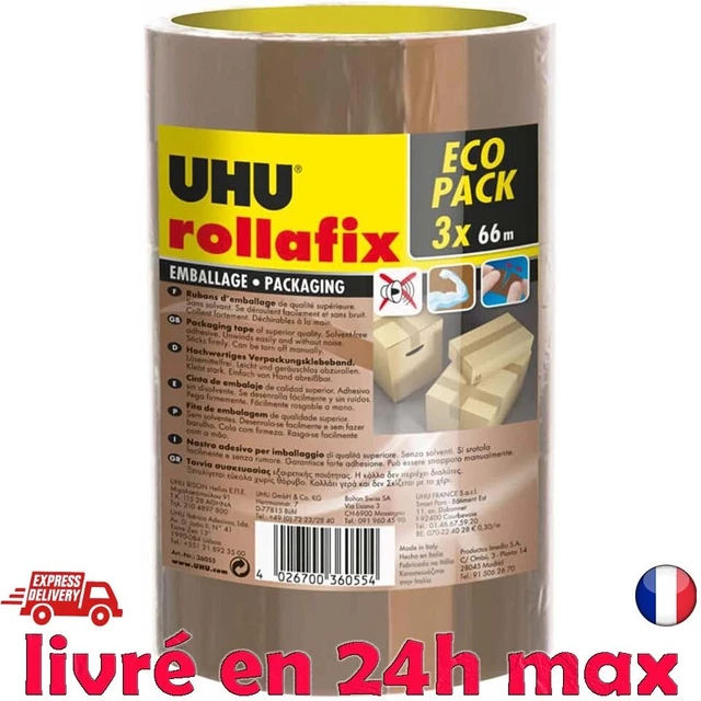 UHU Rollafix - Rubans adhésif/Scotch d'emballage brun lot 3 rubans 66m x 50mm