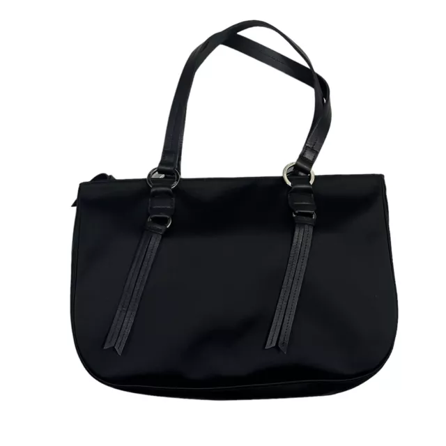 Authentic Longchamp Black Leather & Nylon Small  Purse Bag Tote Handbag VGC