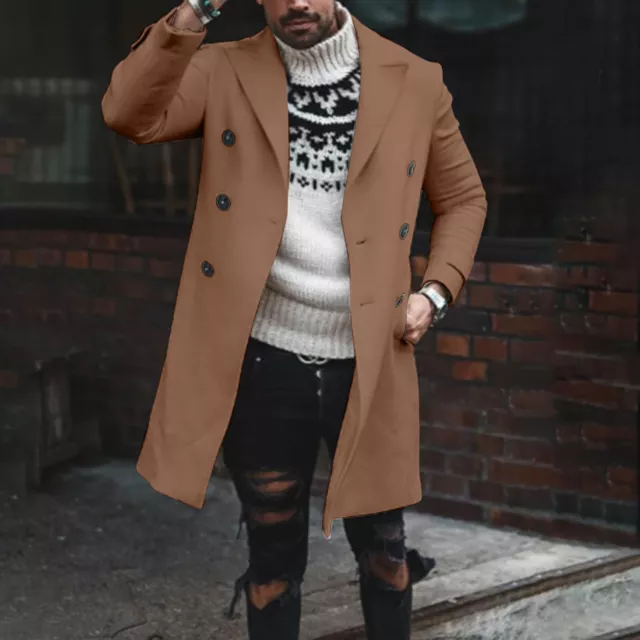 Mens Trench Coat Double Breasted Winter Warm Outwear Long Jacket Woolen Overcoat 7