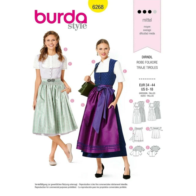 BURDA 6268 SEWING Pattern German Folklore Costume Dirndl Apron Dress